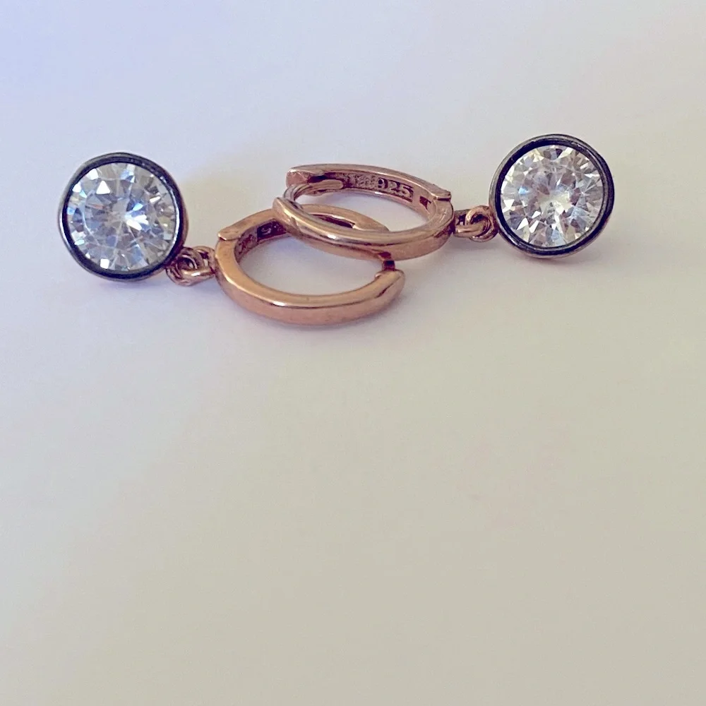 925 Silver round cz stone hoops earrings 14k rose gold plated